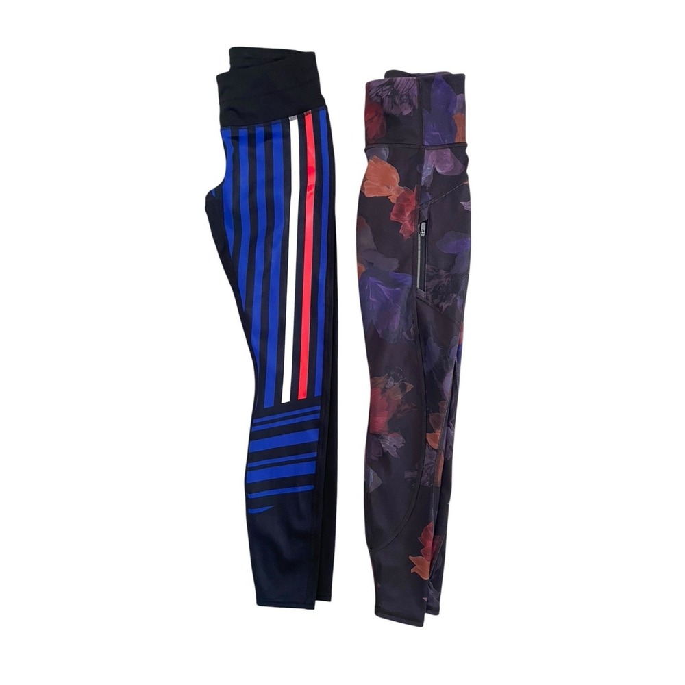 Lot of 2 Athleta Leggings XXS & XXSP Floral Purple & Multicolor Striped - Picture 2 of 11